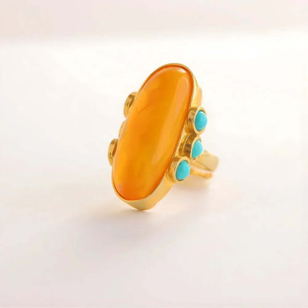 Baltic Amber and Turquoise Gold Ring- 14k Gold Plated Sterling Silver - Picture 4 of 9